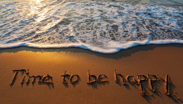 Time to be happy written in sand on a beach with gentle waves at sunset. - Powered by Adobe