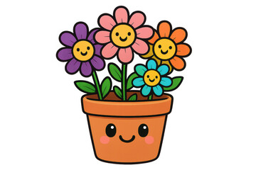 Fototapeta premium Cute cartoon flower pot with happy blooming multicolored flowers smiling, adorable kawaii plant drawing, transparent background