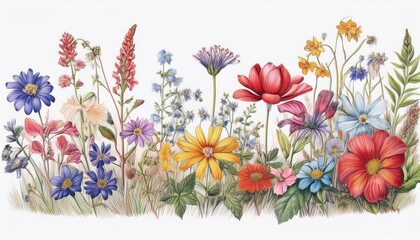vintage botanical drawing of a mix of garden flowers sketched in colored pencils arranged loosely in horizontal flow on white background