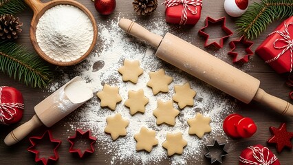 Christmas Cookie Dough Star Shapes with Baking Tools and Holiday Decorations