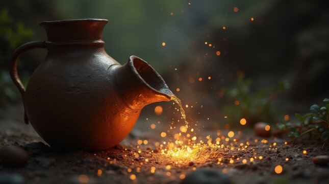 ancient clay pitcher pouring anointing oil glowing particles on to a winding mysterious path realistic dark fantasy 
