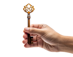 Hand Holding Vintage Skeleton Key Forward, Isolated, Antique Key and Conceptual Object
