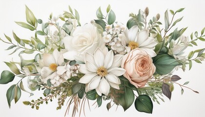 hand drawn colored pencil bouquet for a vintage wedding soft white and blush florals with trailing greenery loosely arranged in a natural shape on a minimalist white background