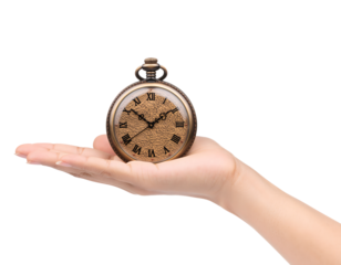 Human Hand Holding a Vintage Pocket Watch in a Clean Isolated Cutout for Time, Antique, and Conceptual Designs