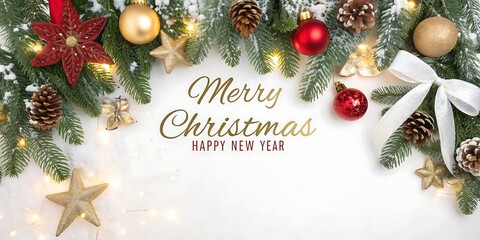 Warm and festive merry christmas greeting with twinkling lights pine cones ornaments and poinsettias framing a blank space for a personal message