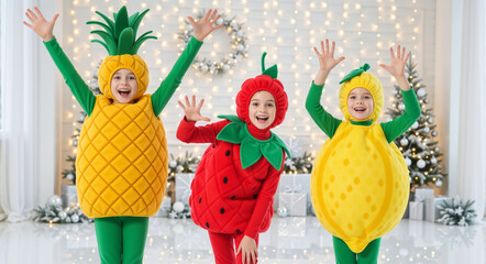 Happy children in fruit costumes at a Christmas party. Joyful friends dressed as a pineapple, strawberry, and lemon celebrating the holidays. Fun childhood moments during a New Year celebration