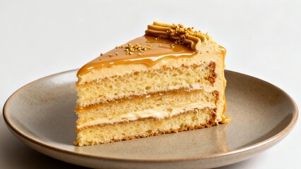 Slice of Layered Caramel Cake with Drizzled Topping and Gold Sprinkles
