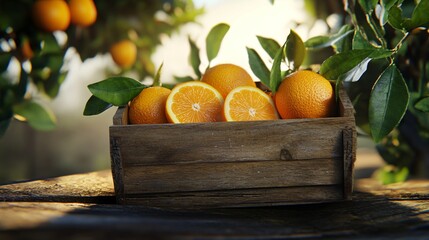 Vibrant Whole and Halved Oranges with Leaves