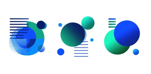 Abstract geometric compositions with blue/green gradient circles & lines, minimalist style