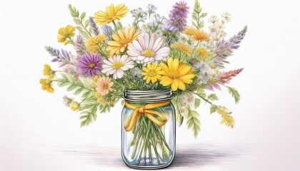 mason jar holding a bouquet of rustic meadow flowers soft colored pencil drawing on white background featuring loosely bundled blooms in pastel yellow purple and white