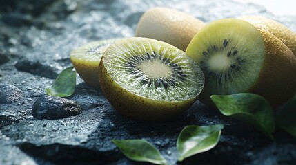Fresh whole and sliced kiwi with leaves