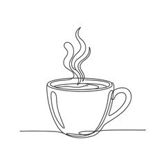 Hot coffee cup minimalist steaming mug one line art vector illustration