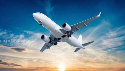 Obraz premium Commercial Airplane Ascending into a Vibrant Sunset Sky.