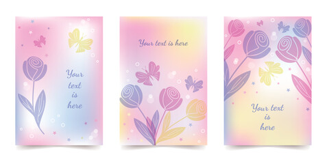 A set of delicate rainbow backgrounds with flowers and butterflies, with space for your text. Vector design.