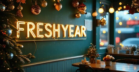 Festive interior scene. Bright neon sign reads FRESHYEAR. Decorations, lights, table setting visible. Warm ambiance, cozy atmosphere.