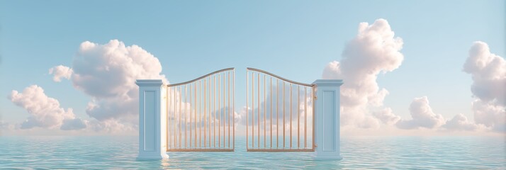 Obraz premium Gate is in the water with clouds in the background