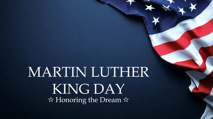 Martin Luther King Day or MLK day American holiday. Text written on dark blue background and US flag
