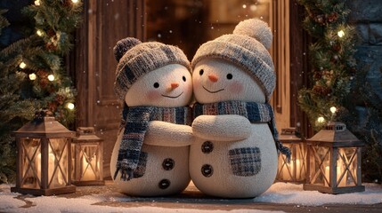 Two adorable knitted snowmen embracing on a snowy doorstep with warm lanterns and festive