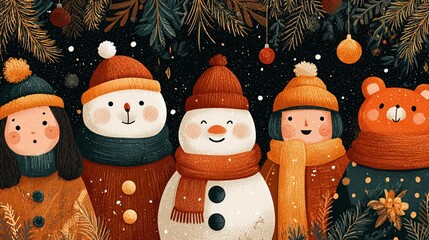 Cute snowmen children and bear in winter hats scarves Festive fir branches falling snow