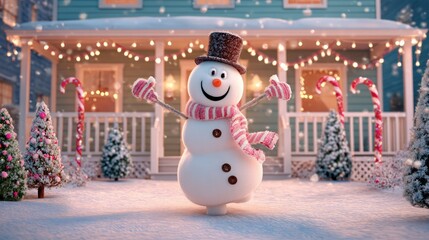 Smiling snowman in hat scarf mittens in snowy yard Decorated house lights candy canes