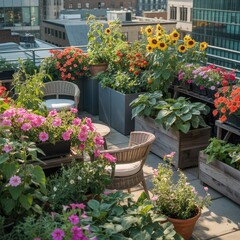 Charming urban balcony with blooming flowers and seating
