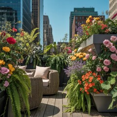 Charming urban balcony with blooming flowers and seating
