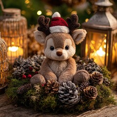 Cute reindeer plush toy with Santa hat antlers sitting in a moss and pinecone wreath