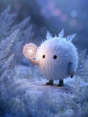 Small furry white creature with crystal spikes holds a glowing sphere in a frosty scene