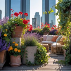 Charming urban balcony with blooming flowers and seating

