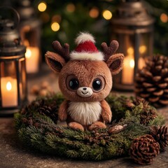 Charming plush reindeer wearing a festive red Santa hat sits in a decorative pine wreath