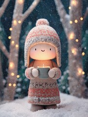 Sweet knitted doll in a warm patterned hat holds a glowing candle mug in winter snow