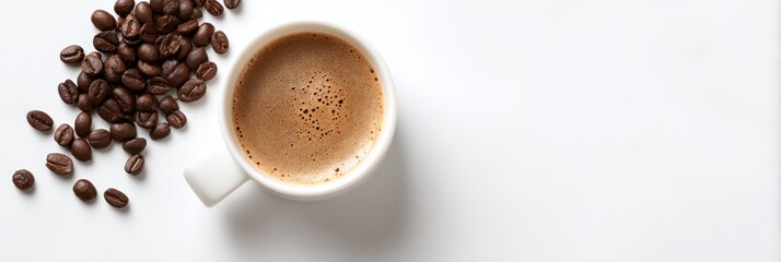 White coffee cup with coffee in it and a pile of coffee beans next to it