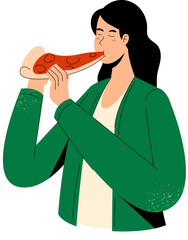 Woman Eating Pizza Vector Illustration