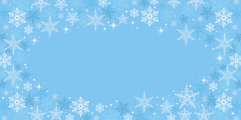 Winter Snowflake Frame With White Ice Crystals. Elegant Christmas border with shimmering stars, delicate icy ornaments, and soft seasonal elements, perfect for holiday cards, festive invitations