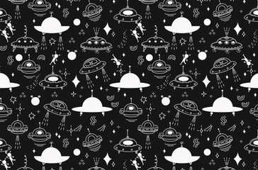 Seamless Pattern of flying saucer and alien in space. Vector doodle line Cute cosmos background with star, planet, ufo. Kids wallpaper design for children room.