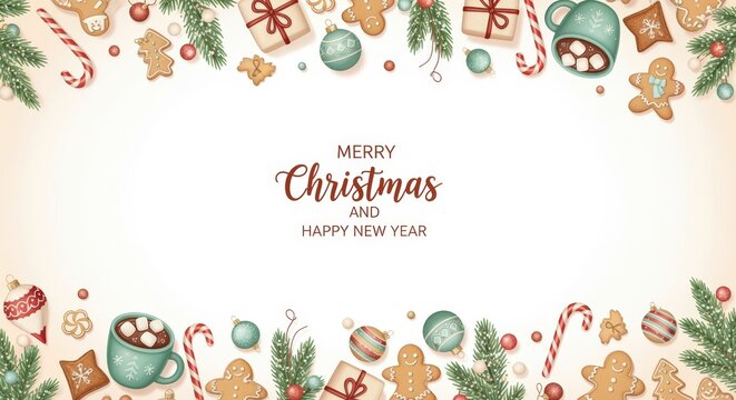 Festive christmas celebration with gingerbread cookies and hot cocoa cozy home setting digital artwork cheerful atmosphere top-down view holiday spirit - Powered by Adobe