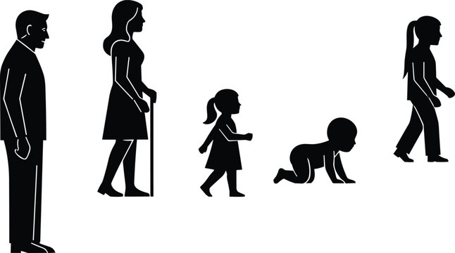 People silhouettes, different ages, stages of life, senior man, woman with cane, girl, crawling baby, isolated vector set.