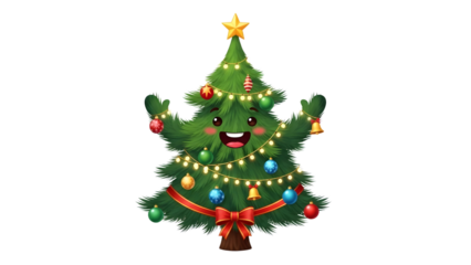 Joyful cartoon Christmas tree character decorated with bright ornaments and glowing string lights ready for the holidays