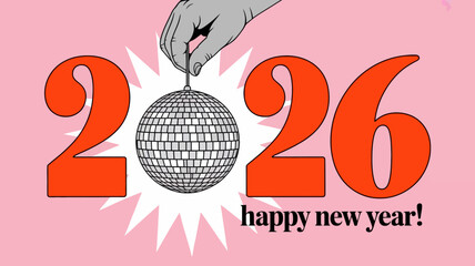 Retro style illustration of the year 2026 with a hand holding a disco ball and a bright starburst celebrating the upcoming new year with a festive and fun vibe