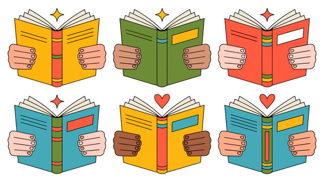 Six colorful open books with hands holding them from the sides representing knowledge learning education and reading presented in a grid layout
