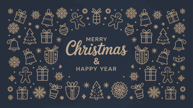 Festive merry christmas and happy new year greeting card with a decorative border of hand drawn festive icons and elegant typography on a dark background