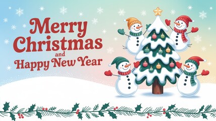 Merry christmas and happy new year celebration with snowmen around a christmas tree winter wonderland holiday greeting card festive atmosphere cheerful viewpoint
