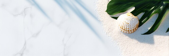 Shell is on a beach with a leaf