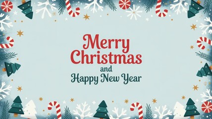 Festive celebration of merry christmas and happy new year with colorful decorations snowflakes and candy canes in a cheerful winter wonderland theme