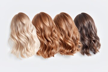 Four different colored wigs are shown