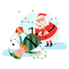 Vector New Year's illustration in flat style with Santa Claus dragging an elf by the leg