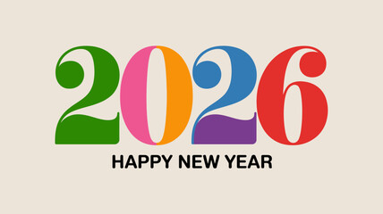 Vibrant and colorful 2026 happy new year greeting with bold typography and a festive celebratory design perfect for seasonal promotions and invitations