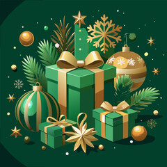 Christmas Gift Boxes with Golden Ribbon and Holiday Decorations on Green Background