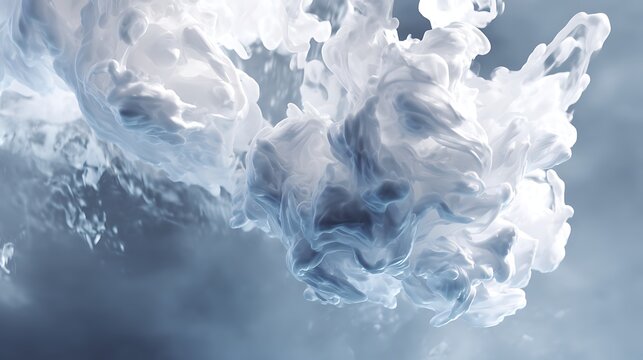 Ethereal white ink swirling in water creating a dreamy and abstract underwater cloudscape scene