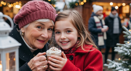 Smiling grandmother and granddaughter sharing hot chocolate at a Christmas market. Happy family enjoying a festive winter holiday together